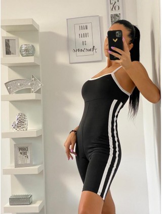Salopeta scurta casual din microfibra neagra cu dungi laterale