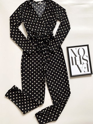 Salopeta dama casual lunga neagra cu imprimeu buline si cordon in talie