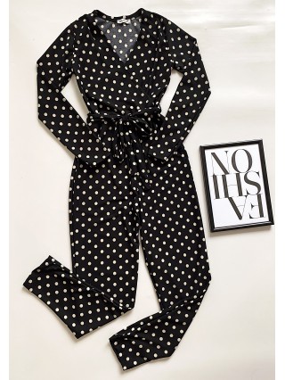 Salopeta dama casual lunga neagra cu imprimeu buline si cordon in talie