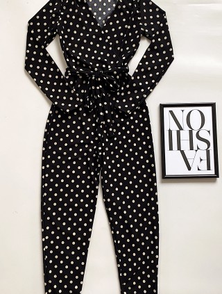 Salopeta dama casual lunga neagra cu imprimeu buline si cordon in talie