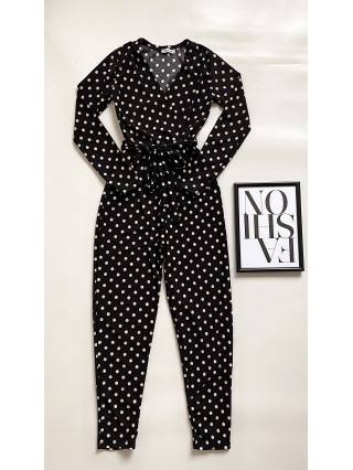 Salopeta dama casual lunga neagra cu imprimeu buline si cordon in talie