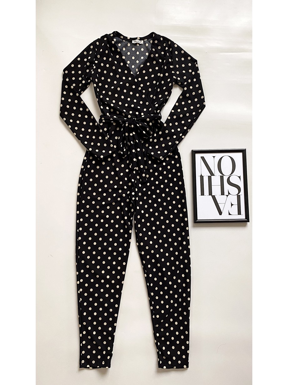 Salopeta dama casual lunga neagra cu imprimeu buline si cordon in talie