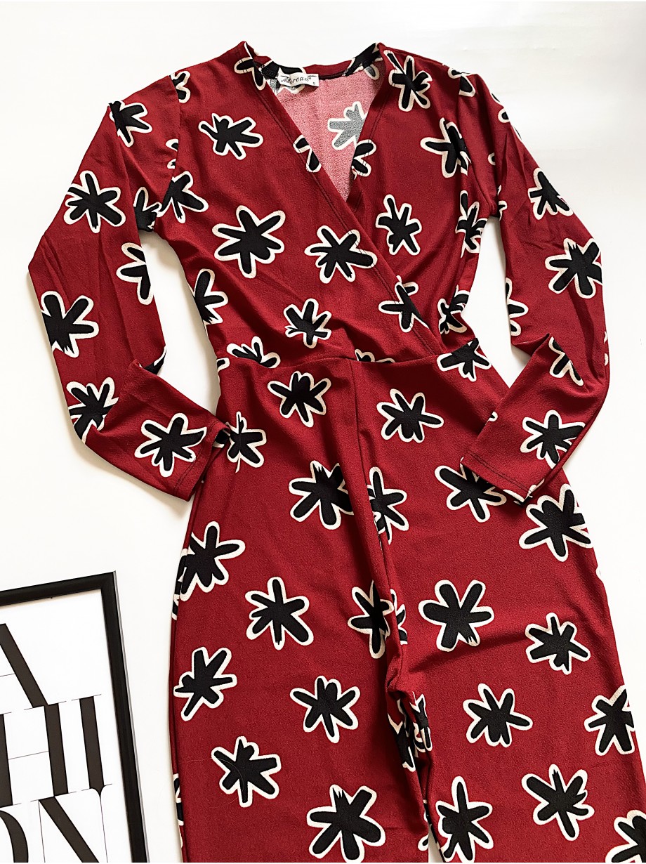 Salopeta dama casual lunga visinie cu imprimeu pete negre si cordon in talie