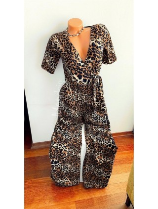 Salopeta dama casual maro cu maneca scurta cu imprimeu animal print si cordon in talie