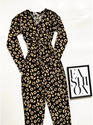 Salopeta dama casual lunga neagra cu imprimeu urme maro si cordon in talie