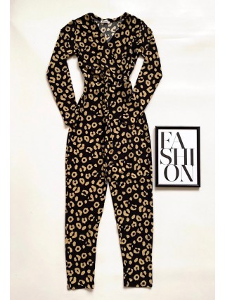 Salopeta dama casual lunga neagra cu imprimeu urme maro si cordon in talie