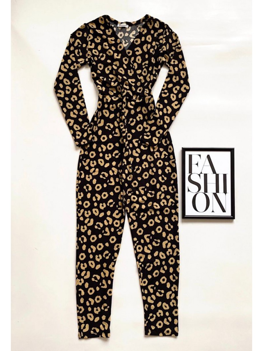 Salopeta dama casual lunga neagra cu imprimeu urme maro si cordon in talie