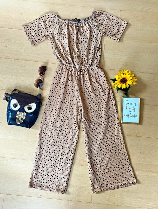 Salopeta dama casual midi crem cu imprimeu puncte si umerii goi