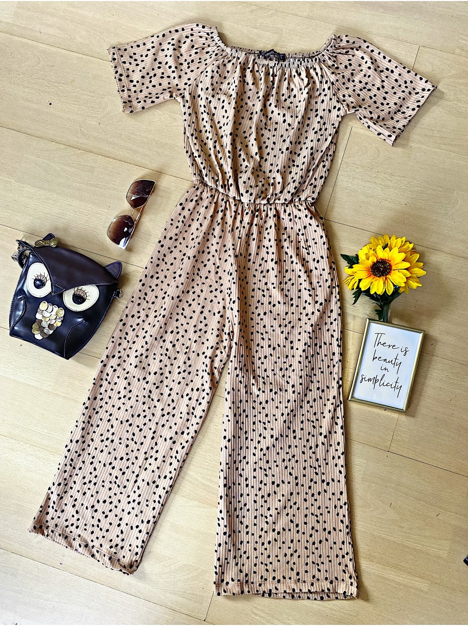 Salopeta dama casual midi crem cu imprimeu puncte si umerii goi