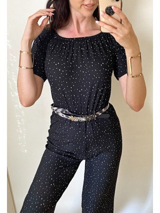 Salopeta dama casual midi neagra cu imprimeu puncte si umerii goi