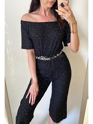 Salopeta dama casual midi neagra cu imprimeu puncte si umerii goi