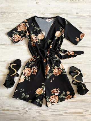 Salopeta dama casual scurta neagra cu imprimeu flori corai