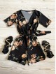 Salopeta dama casual scurta neagra cu imprimeu flori corai
