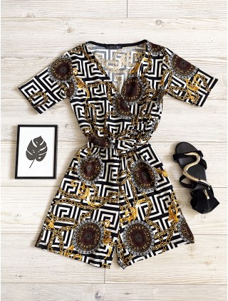 Salopeta dama casual scurta neagra cu imprimeu zig-zag