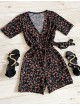 Salopeta dama casual scurta neagra cu imprimeu flori rosii mici