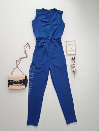 Salopeta dama casual lunga albastra cu decolteu parte peste parte