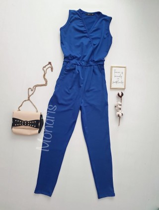 Salopeta dama casual lunga albastra cu decolteu parte peste parte