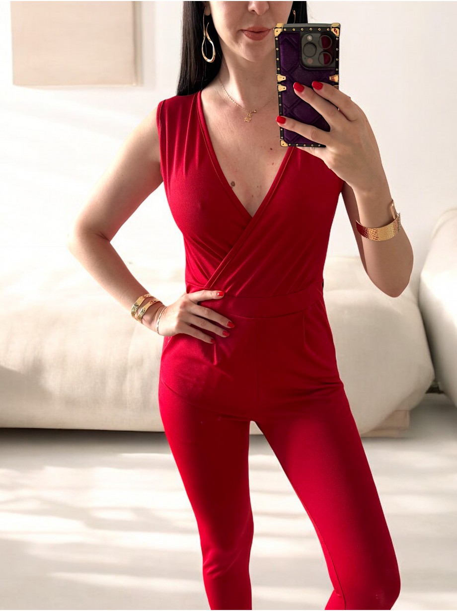 Salopeta dama casual lunga rosie cu decolteu parte peste parte Salopeta dama casual lunga rosie cu decolteu parte peste parte