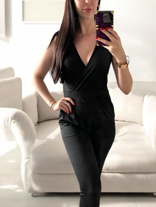 Salopeta dama casual lunga neagra cu decolteu parte peste parte