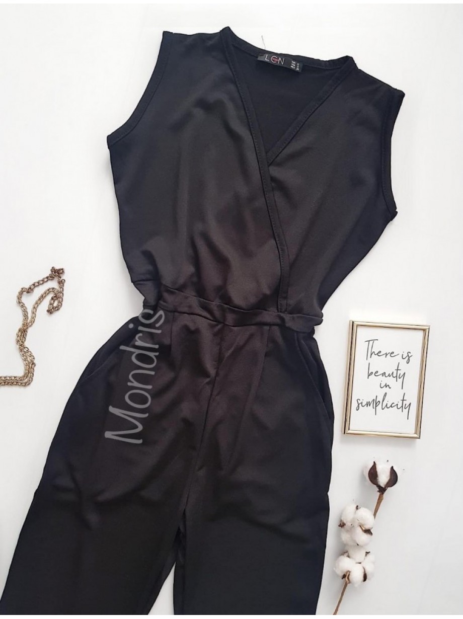 Salopeta dama casual lunga neagra cu decolteu parte peste parte