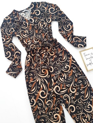 Salopeta dama eleganta animal print cu maneca lunga si cordon in talie cu imprimeu linii serpuite