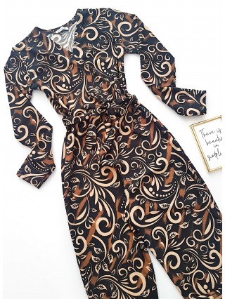 Salopeta dama eleganta animal print cu maneca lunga si cordon in talie cu imprimeu linii serpuite
