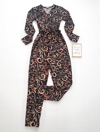 Salopeta dama eleganta animal print cu maneca lunga si cordon in talie cu imprimeu linii serpuite