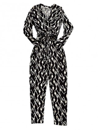 Salopeta dama casual lunga neagra cu imprimeu romburi si cordon in talie