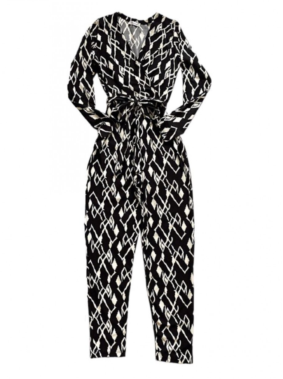 Salopeta dama casual lunga neagra cu imprimeu romburi si cordon in talie