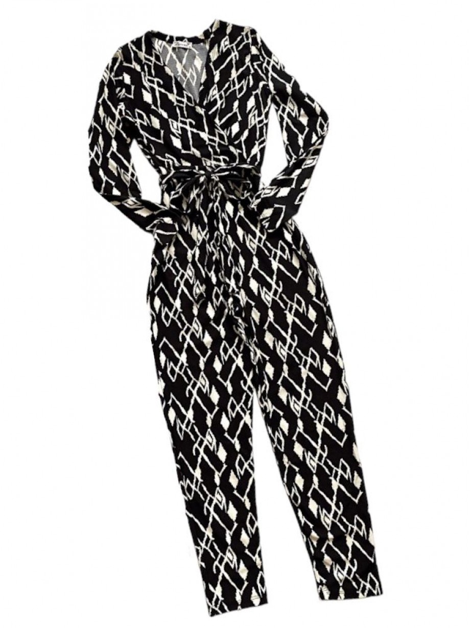 Salopeta dama casual lunga neagra cu imprimeu romburi si cordon in talie