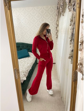 Trening dama rosu din catifea cu hanorac cu fermoar si pantaloni largi