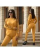 Trening dama lung din tricot galben cu dungi subtiri maro