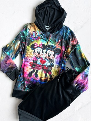 Trening dama din CATIFEA cu pantaloni lungi cu snur si bluza cu gluga imprimeu MINNIE si MICKEY Happy
