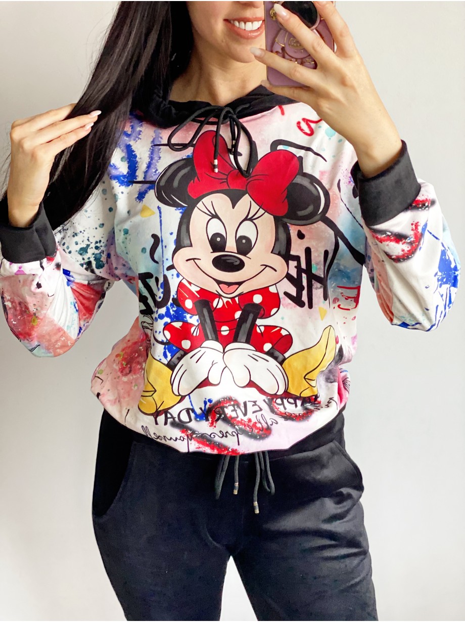 Trening dama negru din CATIFEA cu pantaloni lungi cu snur si bluza neagra cu gluga imprimeu MINNIE MOUSE happy