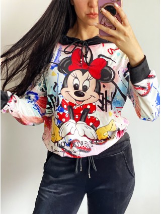 Trening dama negru din CATIFEA cu pantaloni lungi cu snur si bluza neagra cu gluga imprimeu MINNIE MOUSE happy