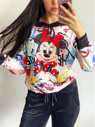 Trening dama negru din CATIFEA cu pantaloni lungi cu snur si bluza neagra cu gluga imprimeu MINNIE MOUSE happy