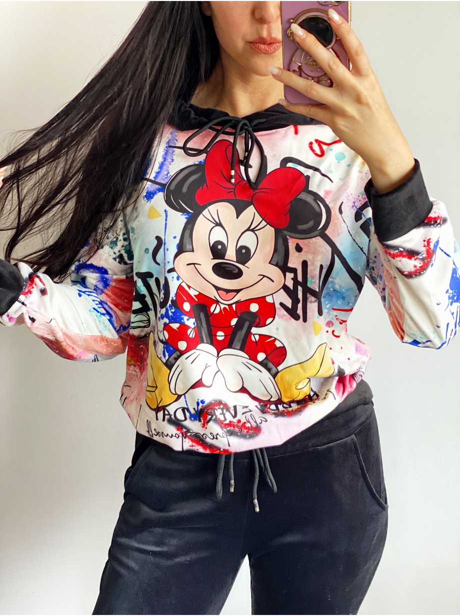 Trening dama negru din CATIFEA cu pantaloni lungi cu snur si bluza neagra cu gluga imprimeu MINNIE MOUSE happy