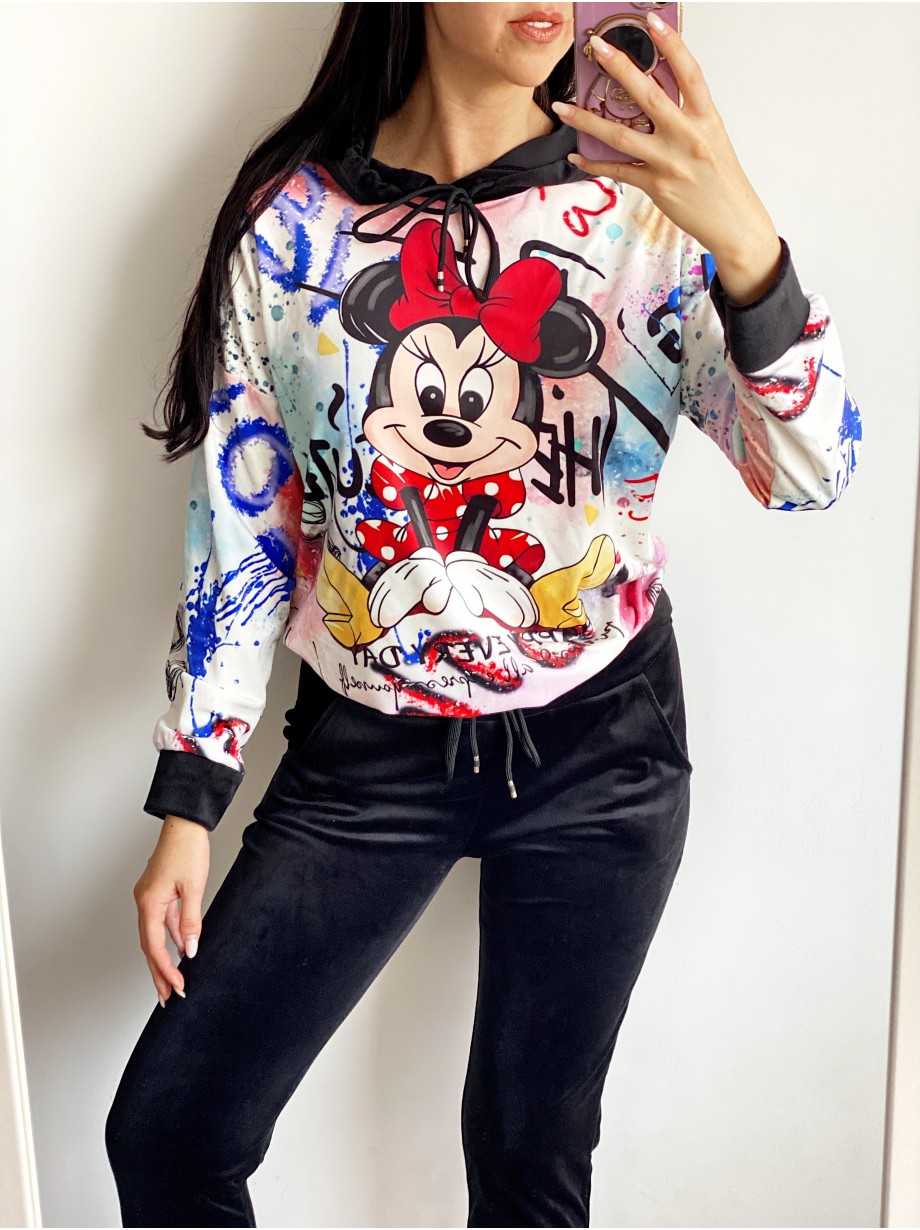 Trening dama negru din CATIFEA cu pantaloni lungi cu snur si bluza neagra cu gluga imprimeu MINNIE MOUSE happy