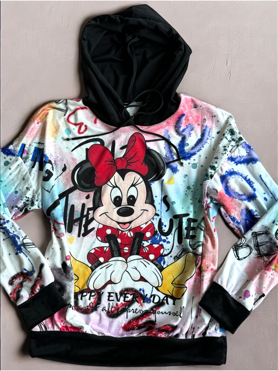 Trening dama negru din CATIFEA cu pantaloni lungi cu snur si bluza neagra cu gluga imprimeu MINNIE MOUSE happy