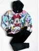 Trening dama negru din CATIFEA cu pantaloni lungi cu snur si bluza neagra cu gluga imprimeu MINNIE MOUSE happy