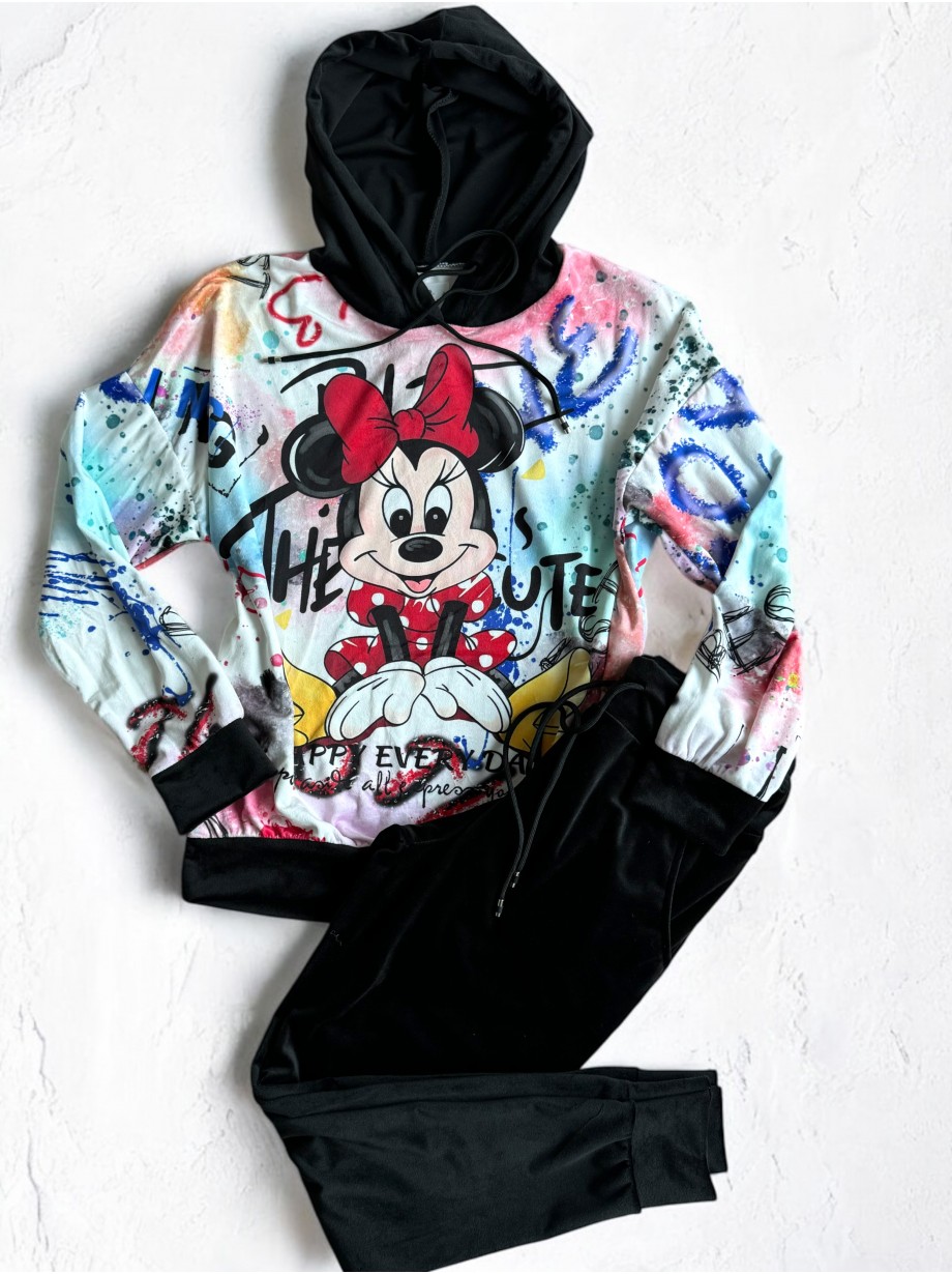 Trening dama negru din CATIFEA cu pantaloni lungi cu snur si bluza neagra cu gluga imprimeu MINNIE MOUSE happy