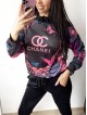 Trening dama din CATIFEA cu pantaloni lungi negri cu snur si bluza cu gluga imprimeu CHANEI 