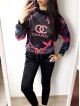 Trening dama din CATIFEA cu pantaloni lungi negri cu snur si bluza cu gluga imprimeu CHANEI 