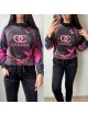 Trening dama din CATIFEA cu pantaloni lungi negri cu snur si bluza cu gluga imprimeu CHANEI 