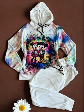 Trening dama alb din catifea cu pantaloni lungi cu snur si bluza alba cu gluga imprimeu MICKEY si MINNIE MOUSE happy