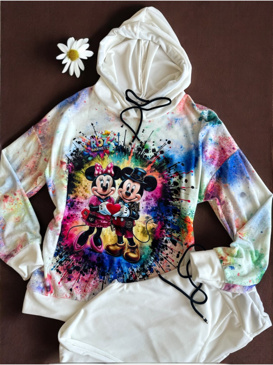 Trening dama alb din catifea cu pantaloni lungi cu snur si bluza alba cu gluga imprimeu MICKEY si MINNIE MOUSE happy