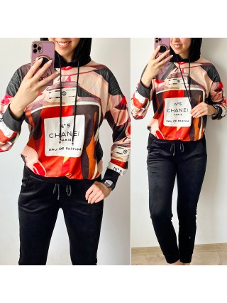Trening dama din CATIFEA cu pantaloni lungi negri cu snur si bluza cu gluga imprimeu CHANEI NO5