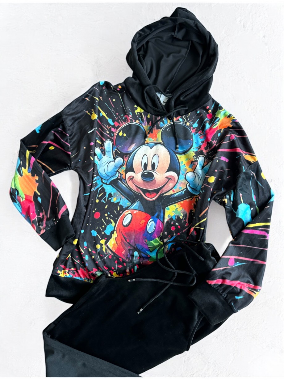 Trening dama negru din CATIFEA cu pantaloni lungi cu snur si bluza neagra cu gluga imprimeu MICKEY  MOUSE happy