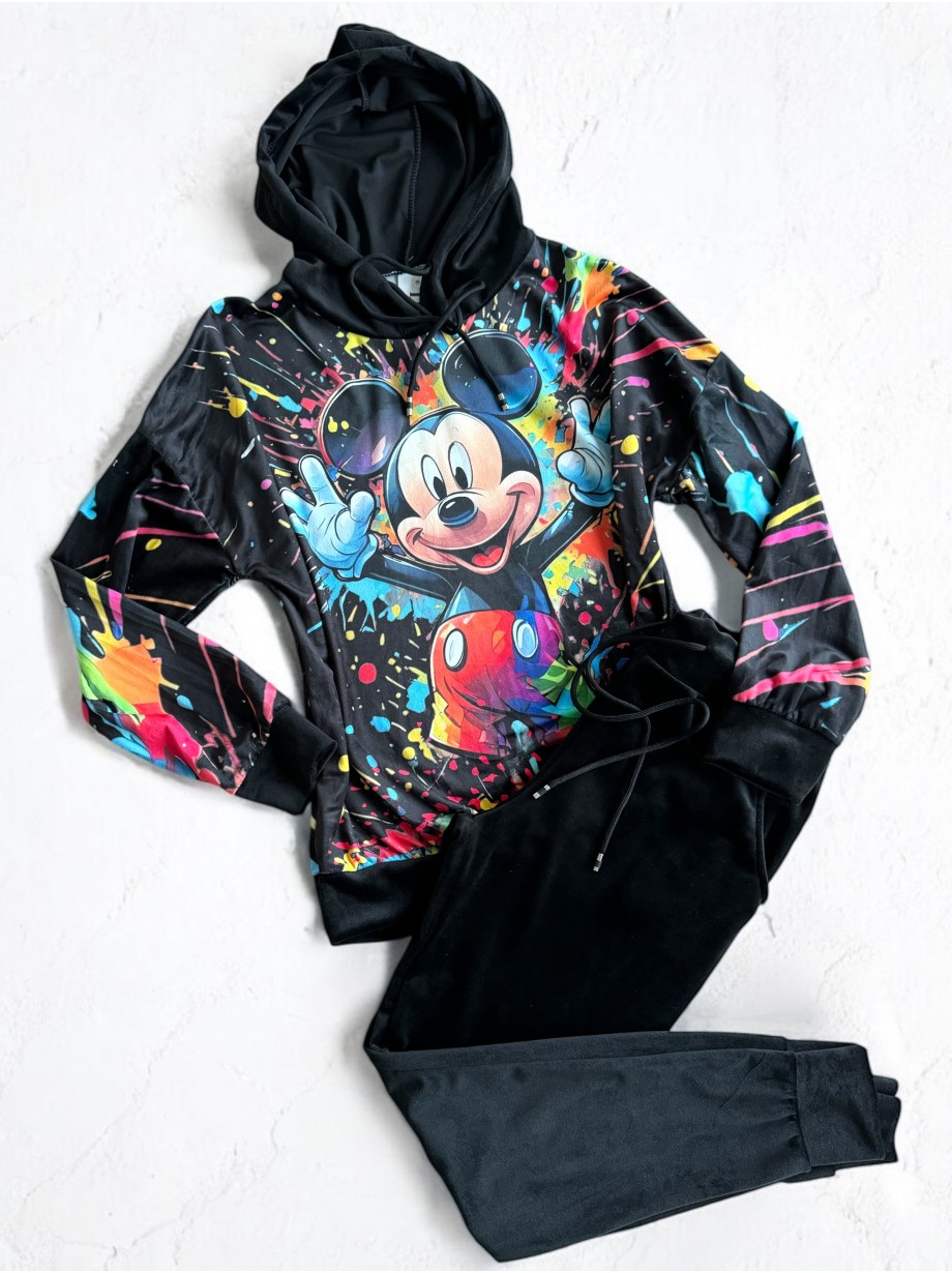 Trening dama negru din CATIFEA cu pantaloni lungi cu snur si bluza neagra cu gluga imprimeu MICKEY  MOUSE happy