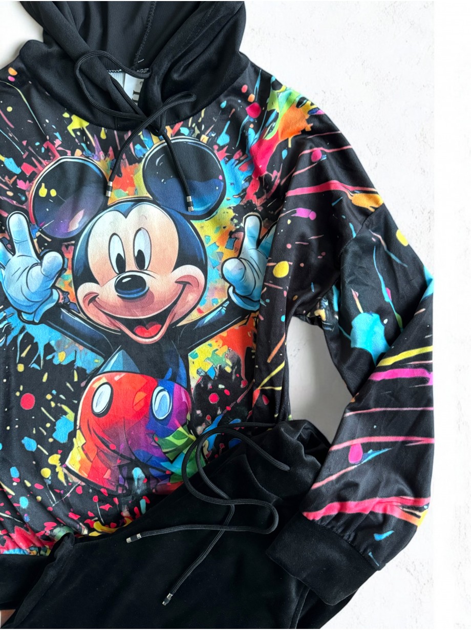 Trening dama negru din CATIFEA cu pantaloni lungi cu snur si bluza neagra cu gluga imprimeu MICKEY  MOUSE happy